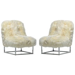 Vintage Pair of Milo Baughman Style Sheepskin & Chrome Slipper Chairs c. 1970s