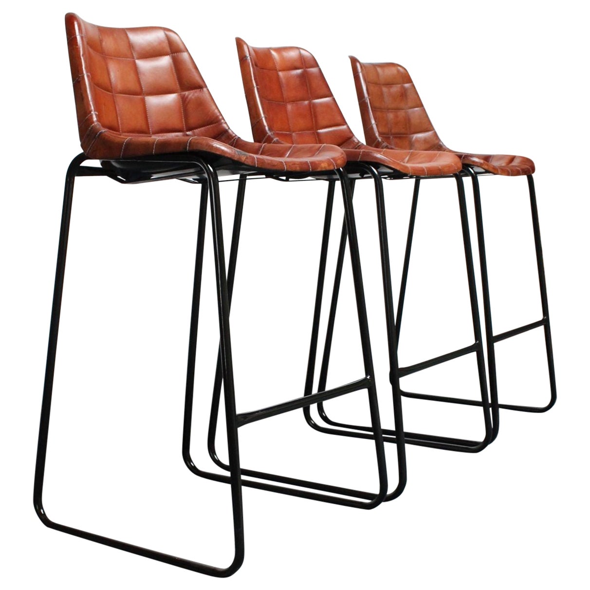 Set of Three Italian Vintage Leatherette and Wrought Iron Barstools