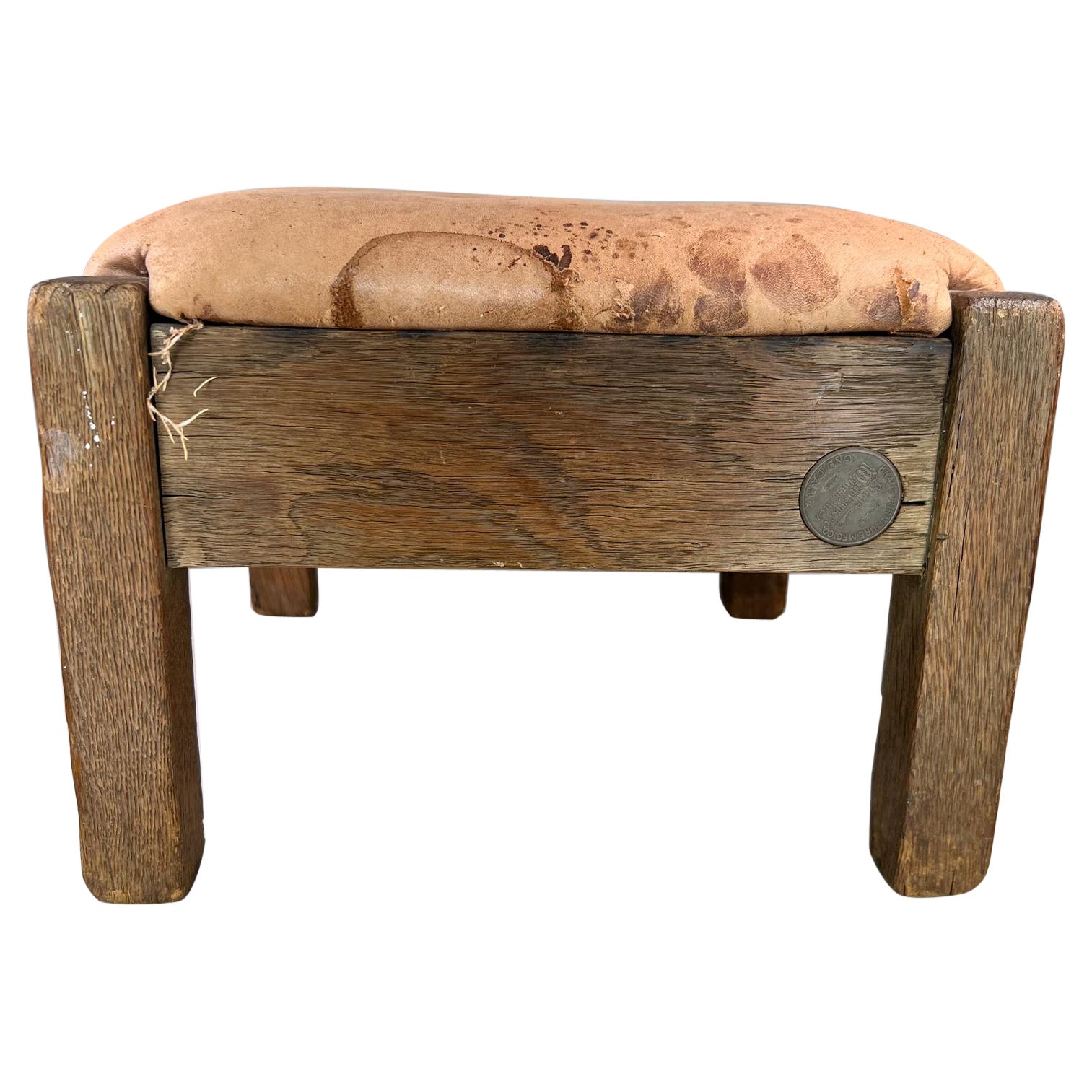 Knaus Mfg. Arts & Crafts Low Footstool in Distressed Leather and Wood Oneida, NY For Sale