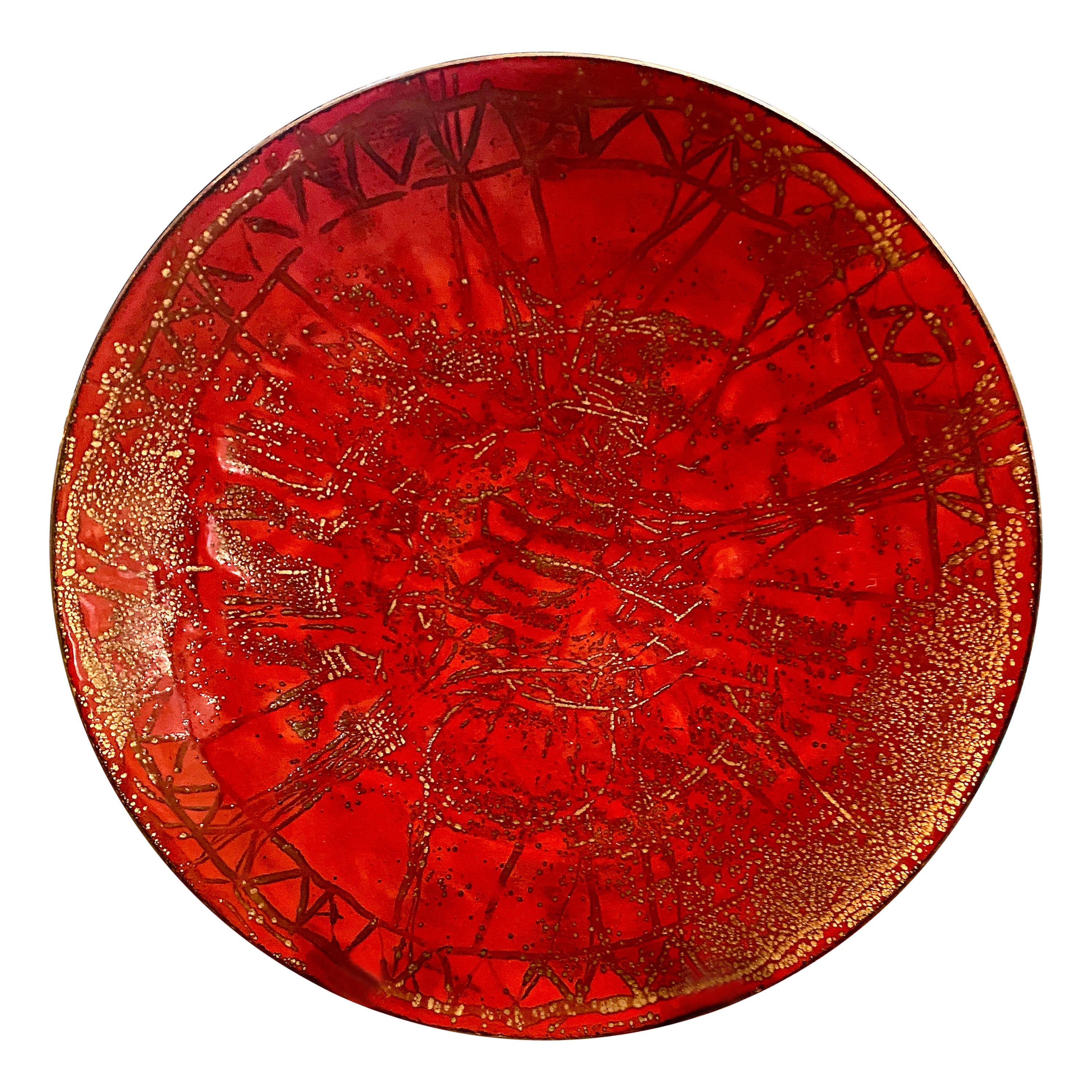 Rote Emaille-on-Kupfer-Ablageschale aus der Mitte des Jahrhunderts