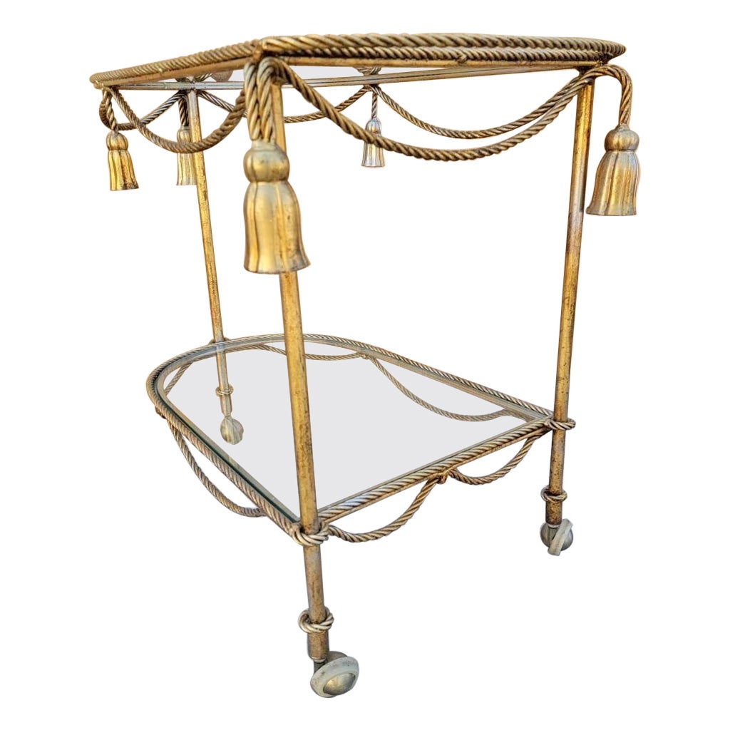 Vintage Hollywood Regency Italian Gilt Rope & Tassle Drinks Trolley Bar Cart For Sale