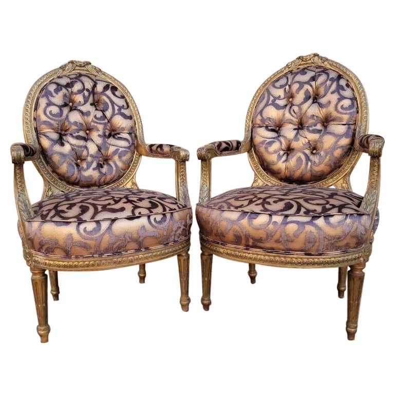 Antique French Louis XV Style Ornate Carved Giltwood Fauteuil Armchairs, Pair