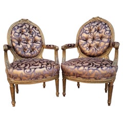 Antique French Louis XV Style Ornate Carved Giltwood Fauteuil Armchairs, Pair
