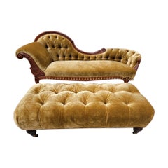 Antique French Victorian Serpentine Fainting Chaise and Tufted Ottoman