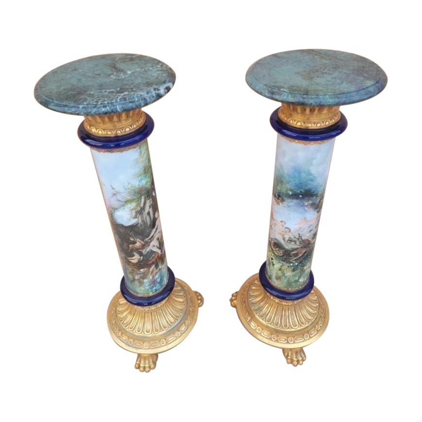 Italian Neoclassical Style Porcelain Brass and Marble Top Display Pedestals