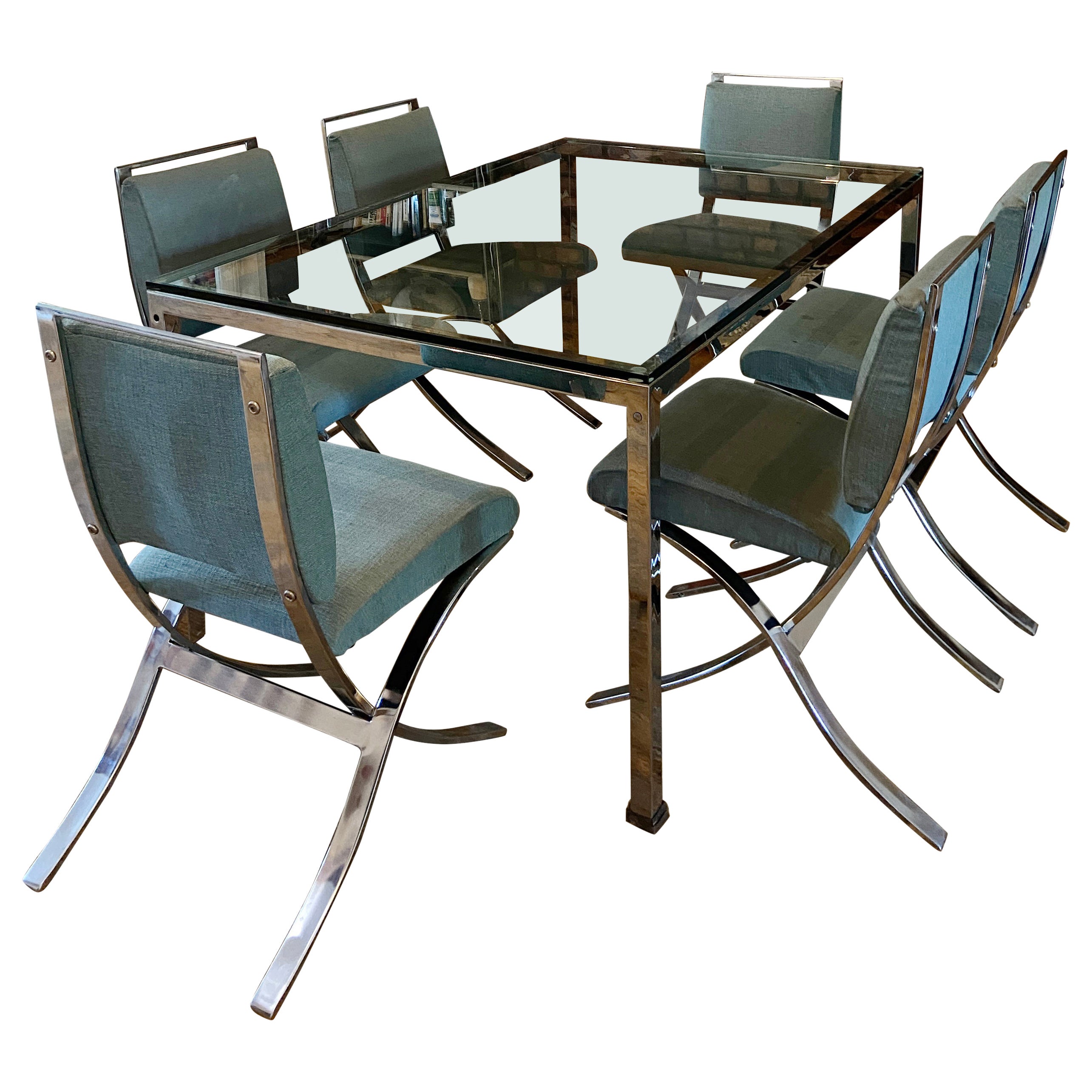 Stylish MCM Chrome and Glass Dining Room Set 1970s