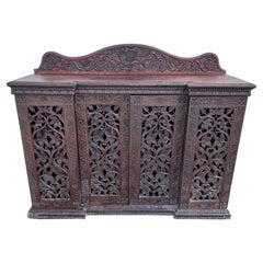 19th Century, Anglo Indian 4 Door Credenza with Carved Pineapple Backsplash