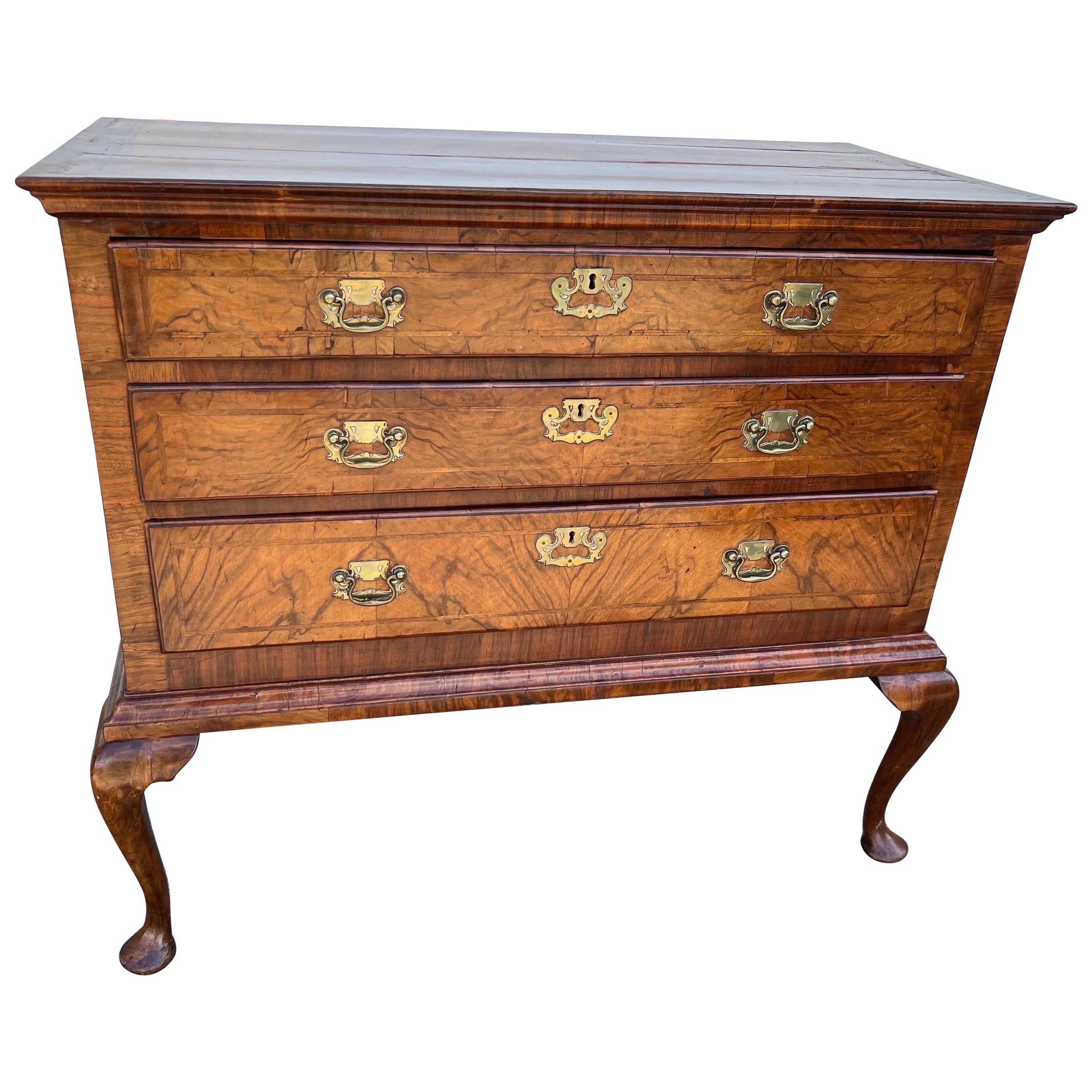 18th Century Queen Anne Crossbanded Walnut Chest on Frame For Sale