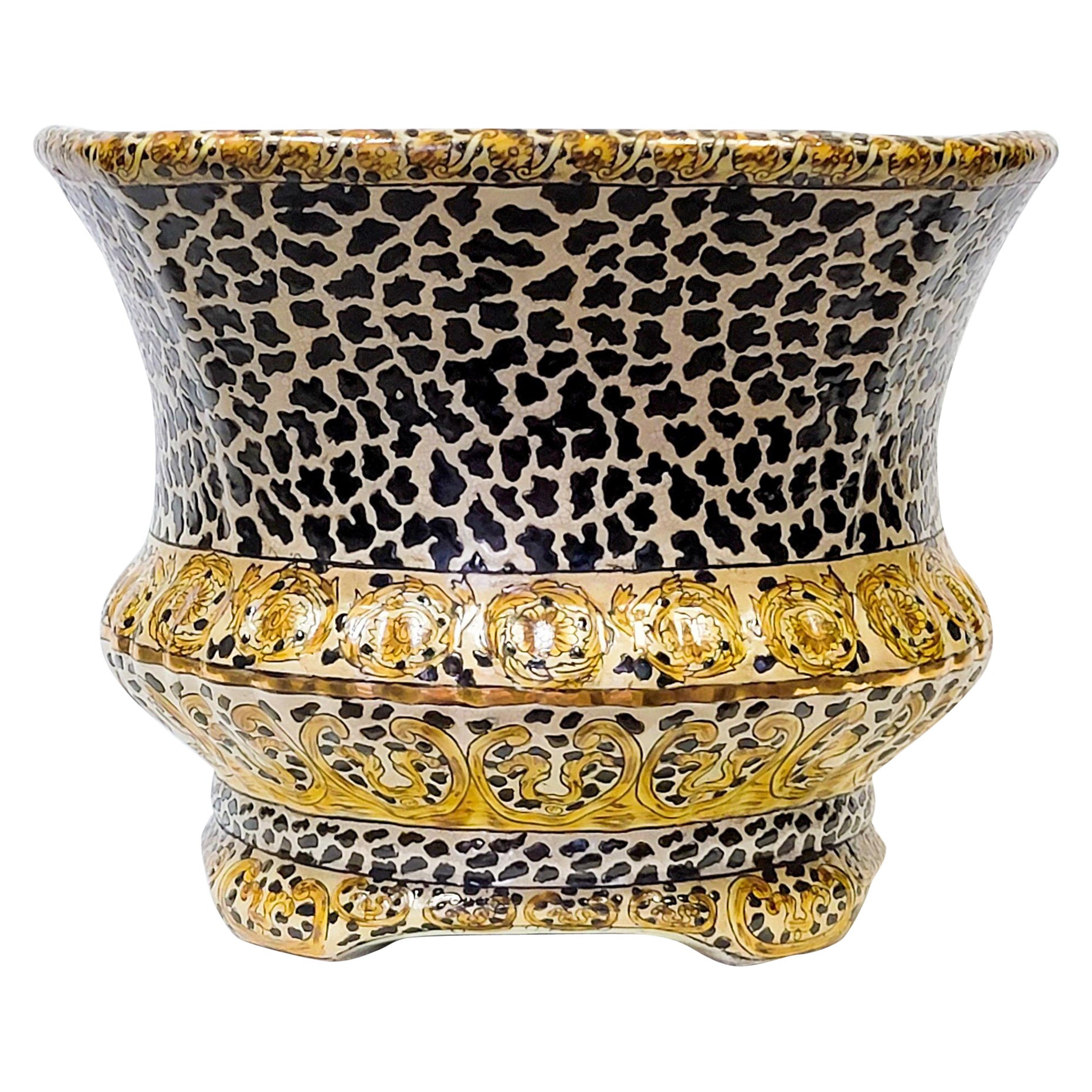 Late 20th-C. Large Chinese Export Style Leopard Motif Planter / Cachepot / Vase