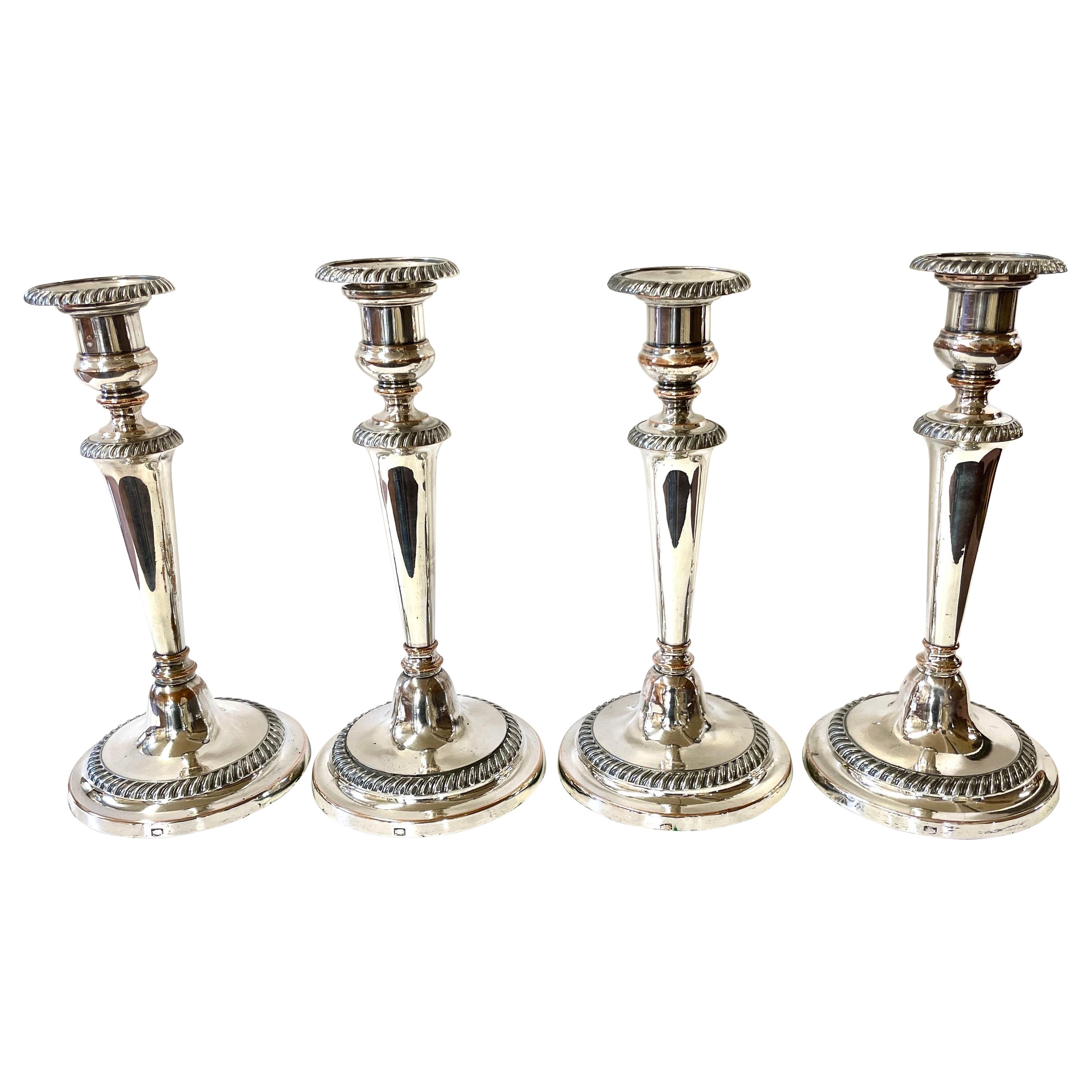 Rare Suite of 4 Antique English Geo iii Sheffield Plate Round Base Candlesticks
