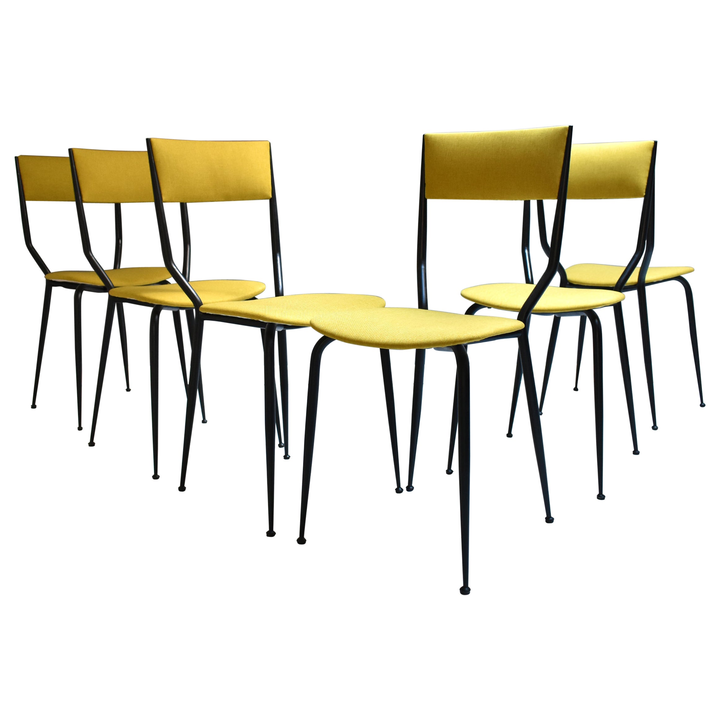 Mid-Century Modern Italian 6 Dining Chairs 1960 Black Iron Structure OcherFabric