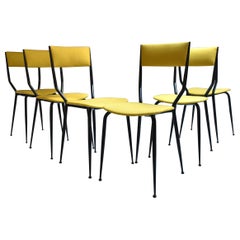Mid-Century Modern Italian 6 Dining Chairs 1960 Black Iron Structure OcherFabric