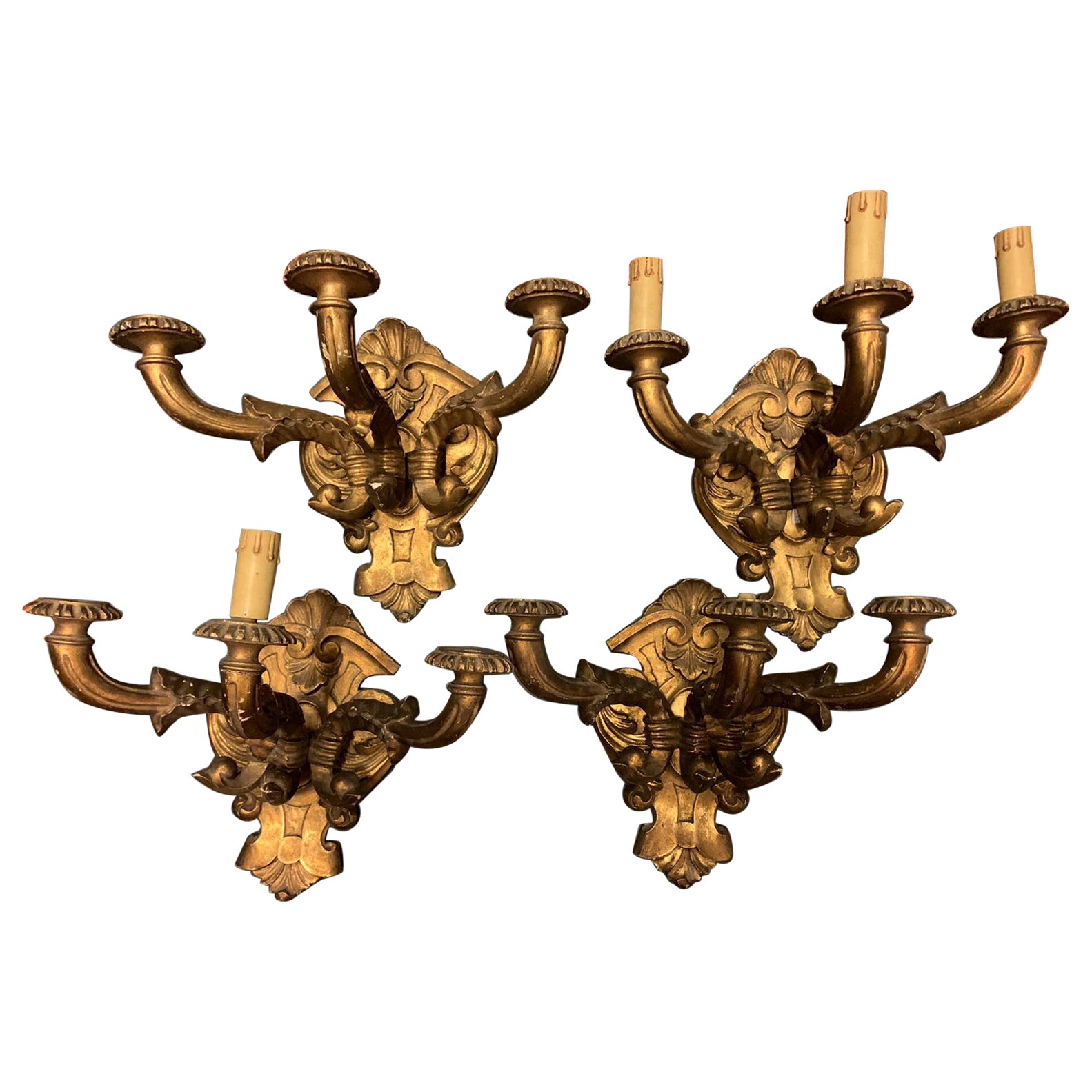Set of 4 Appliques in Gilded and Carved Wood, Vintage Italy For Sale