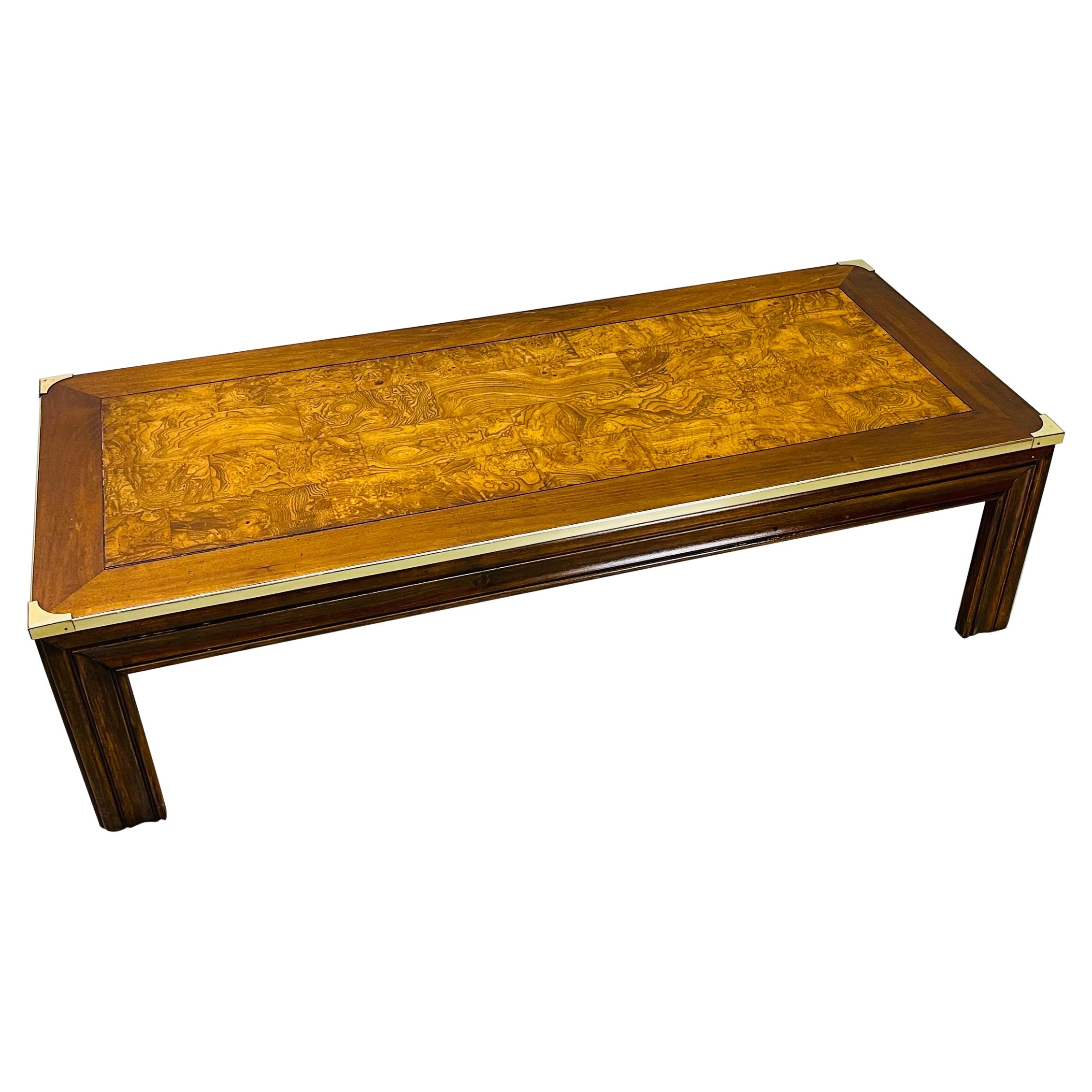 1970s Burlwood & Brass Coffee Table For Sale