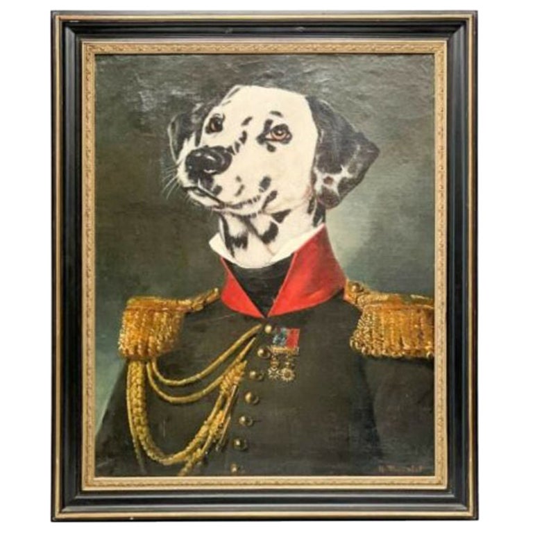 Poncelet, portrait anthropomorphe d'un chien d'officier militaire Dalmatien sur toile d'huile en vente