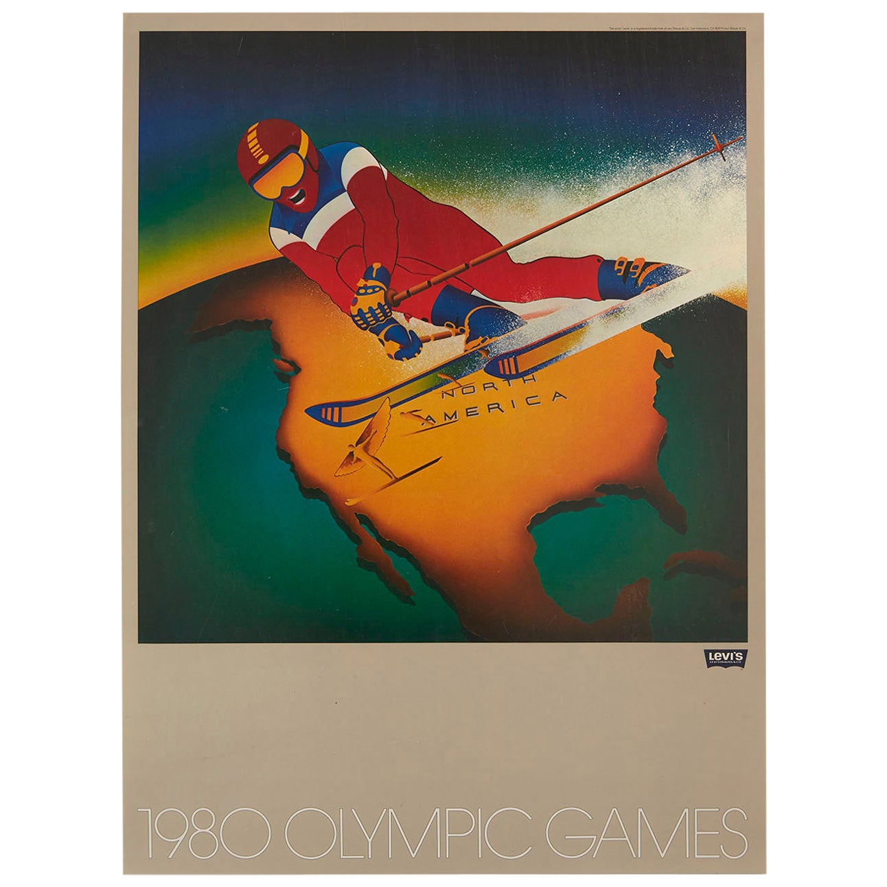 Affiche sportive originale vintage des Jeux olympiques de Moscou de 1980, N. America Skiing, Levi's