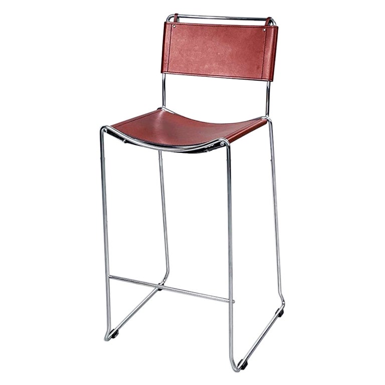 Tabouret haut italien moderne du milieu du siècle en cuir brun et acier, années 1980