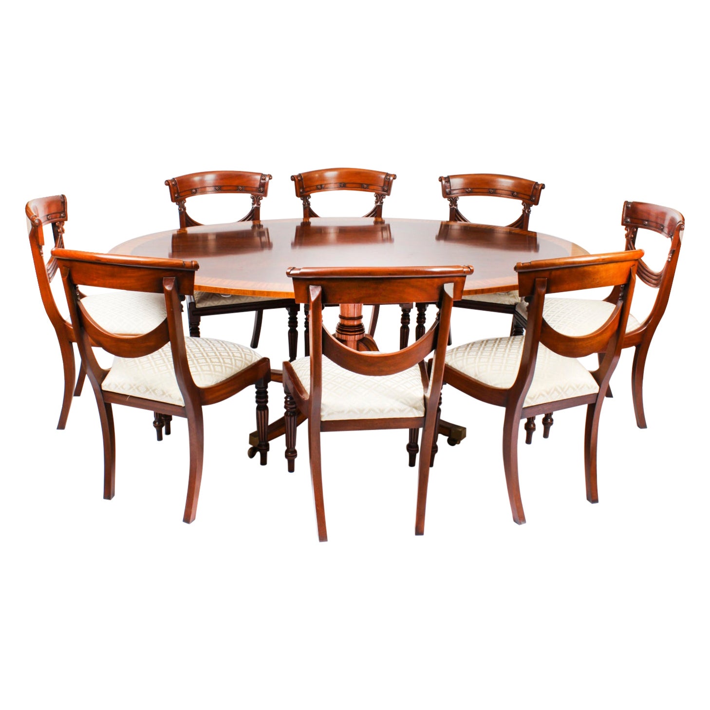 Vintage Twin Pillar Dining Table and 10 dining chairs by William