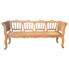 Vintage Beautiful Carved Pine Swan Neck Bench Settee with Rush Seat