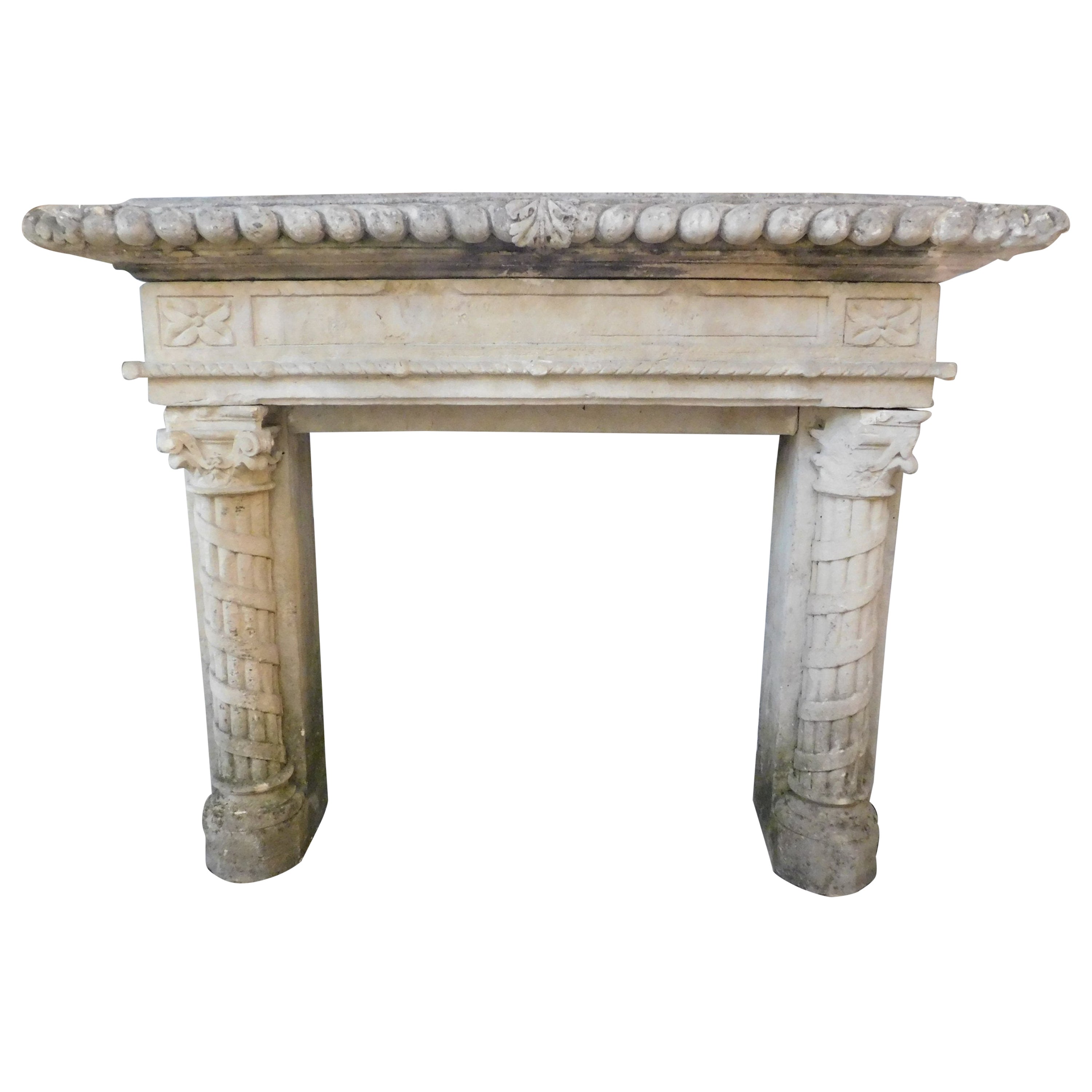 Important Antique Fireplace Mantle in Stone, Hand Carved Columns, '800 Italy For Sale