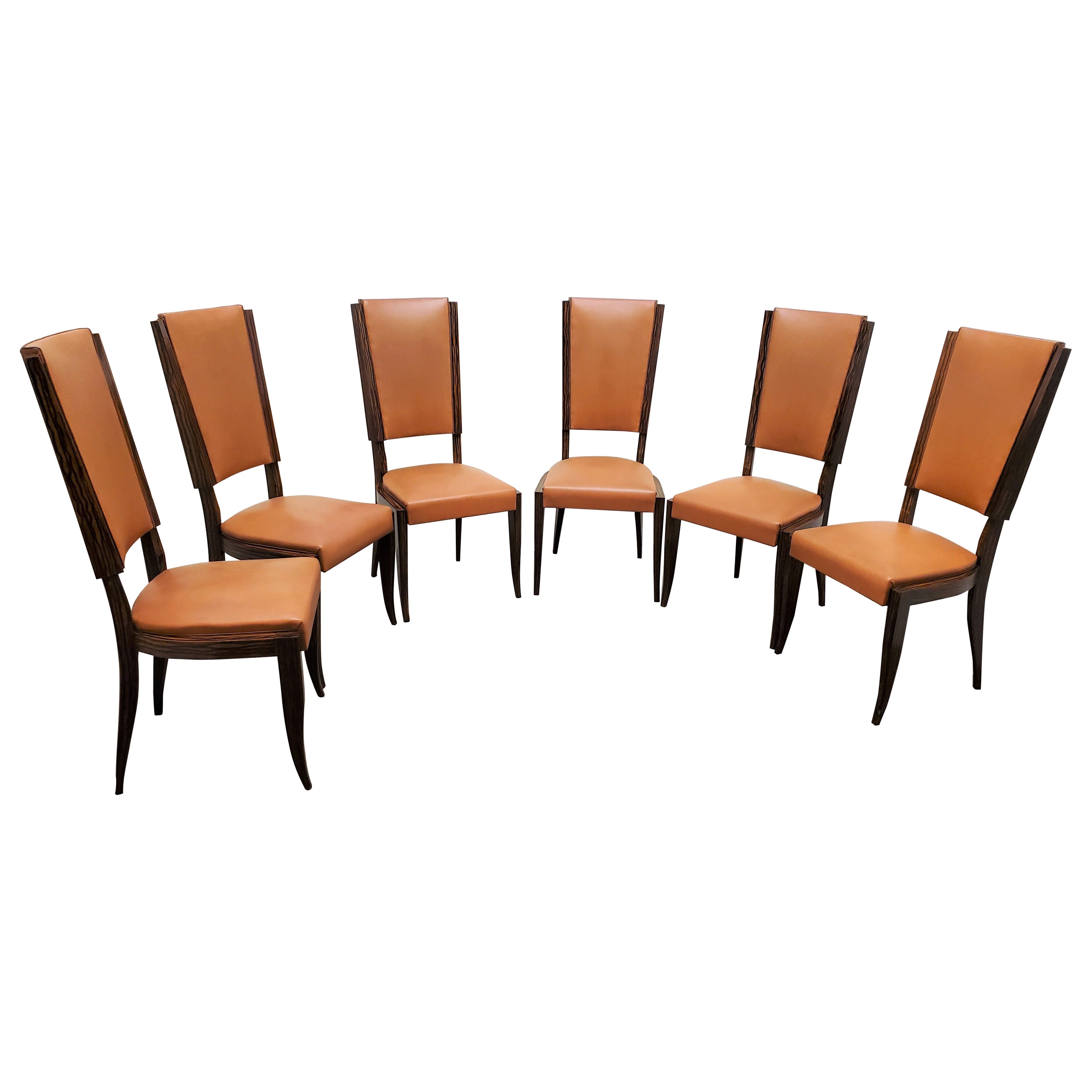Set of Six Original French Art Deco Faux Macassar Ebony Wood Dining Chairs For Sale