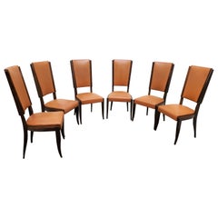Set of Six Original French Art Deco Faux Macassar Ebony Wood Dining Chairs