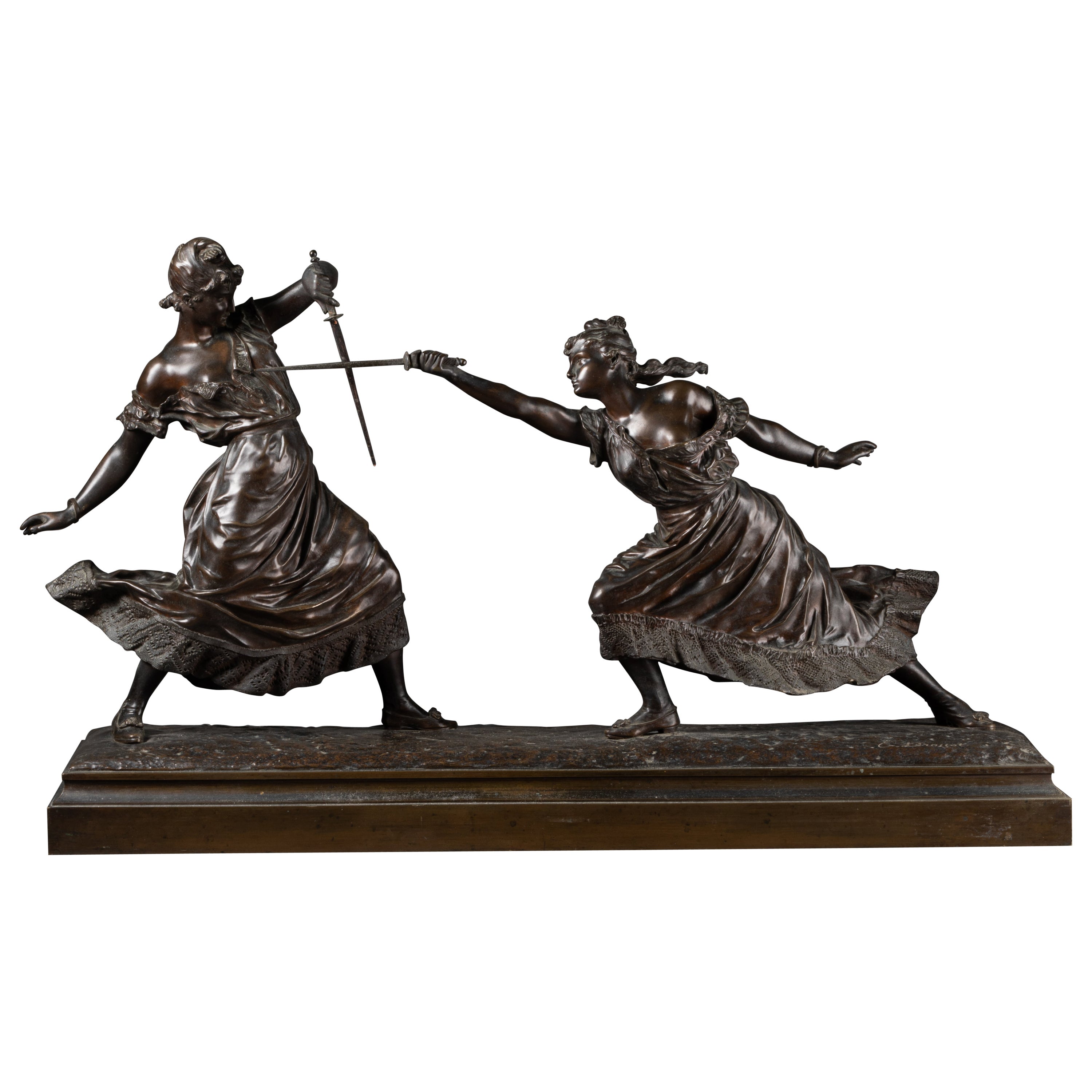 Edouard DROUOT'1859-1945' : "Duel d'escrimeuses", Bronze patiné, vers 1900