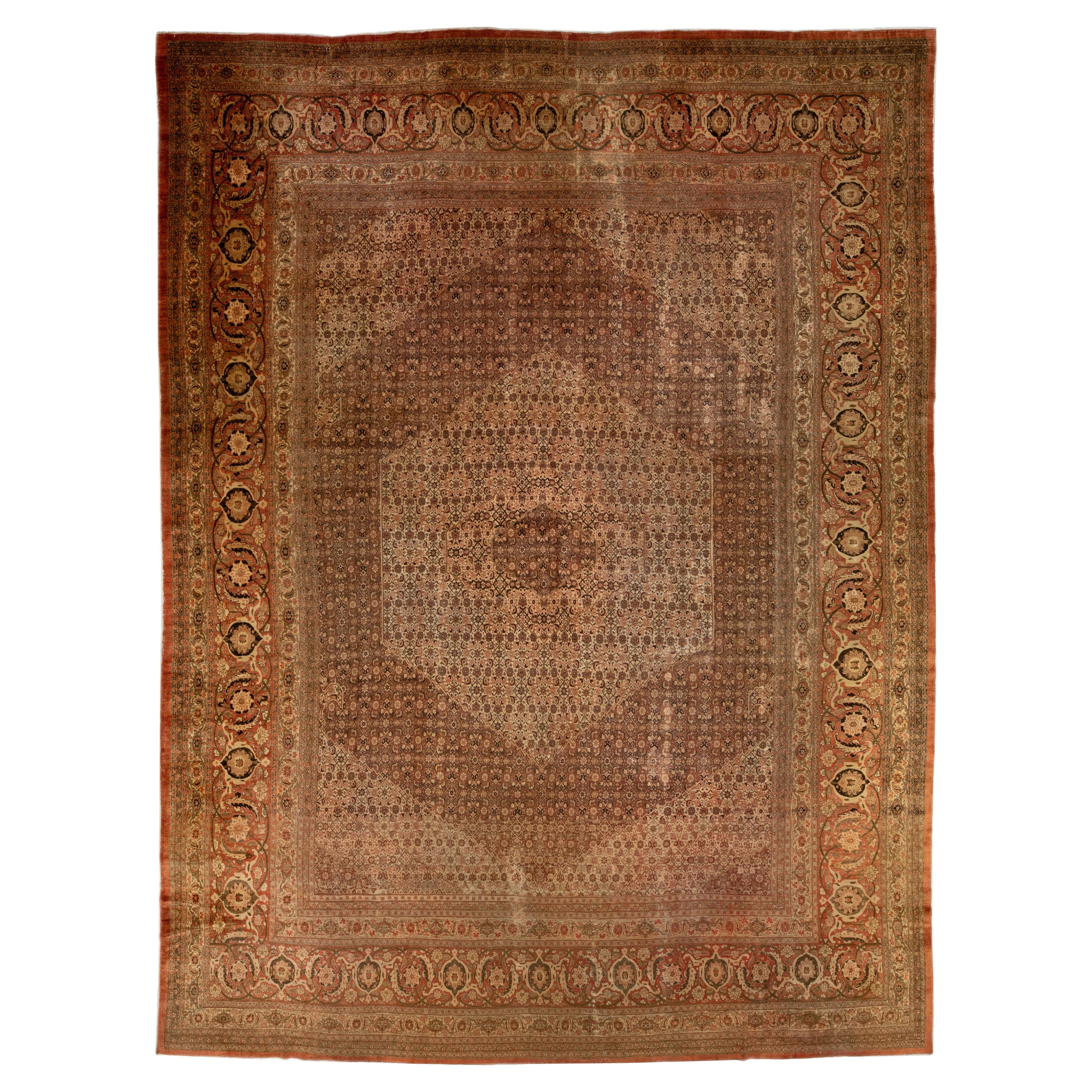 Antique Tabriz Rust Handmade Persian Oversize Wool Rug With Medallion Design For Sale