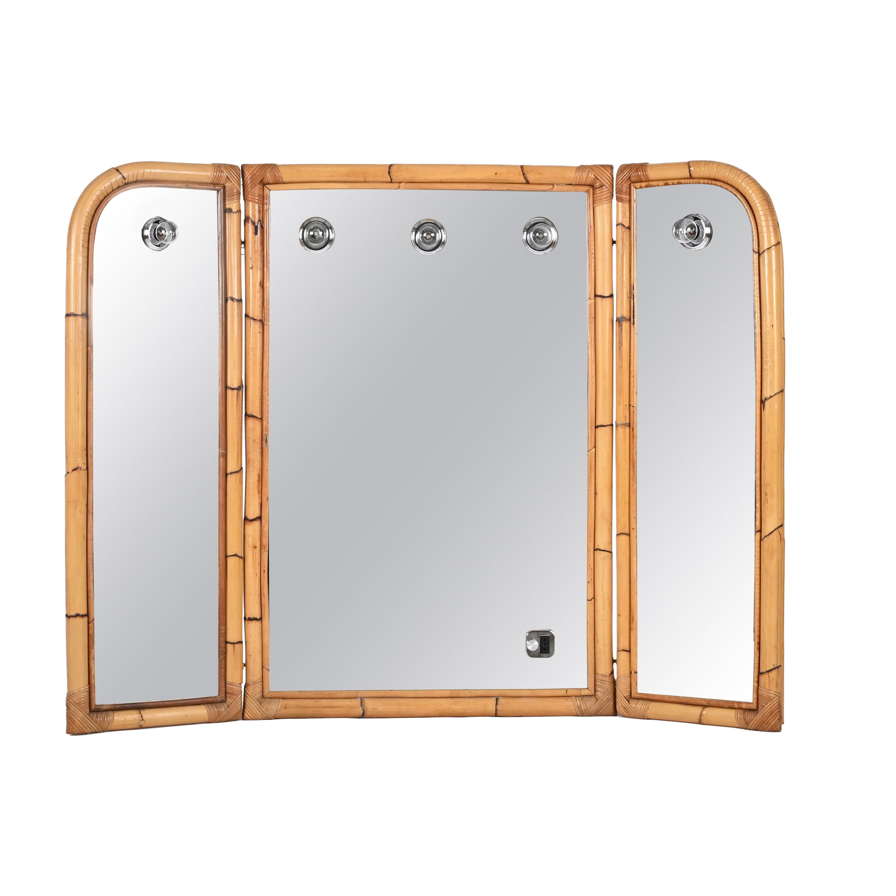 Midcentury Italian Triple Folding Bamboo Mirror with Dimmable Lighting, 1970s For Sale