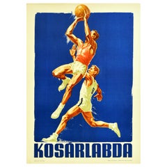 Original Vintage Poster Basketball Kosarlabda Hungary Sport Ball Game Artwork