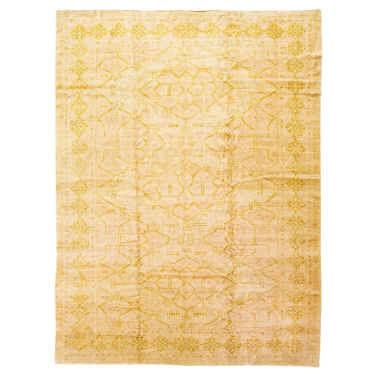 Antique Beige Turkish Oushak Handmade Geometric Floral Wool Rug For ...