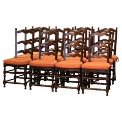 Set of 12 Mid-Century Carved Walnut Rush Seat Ladder Back Chairs & Cushions