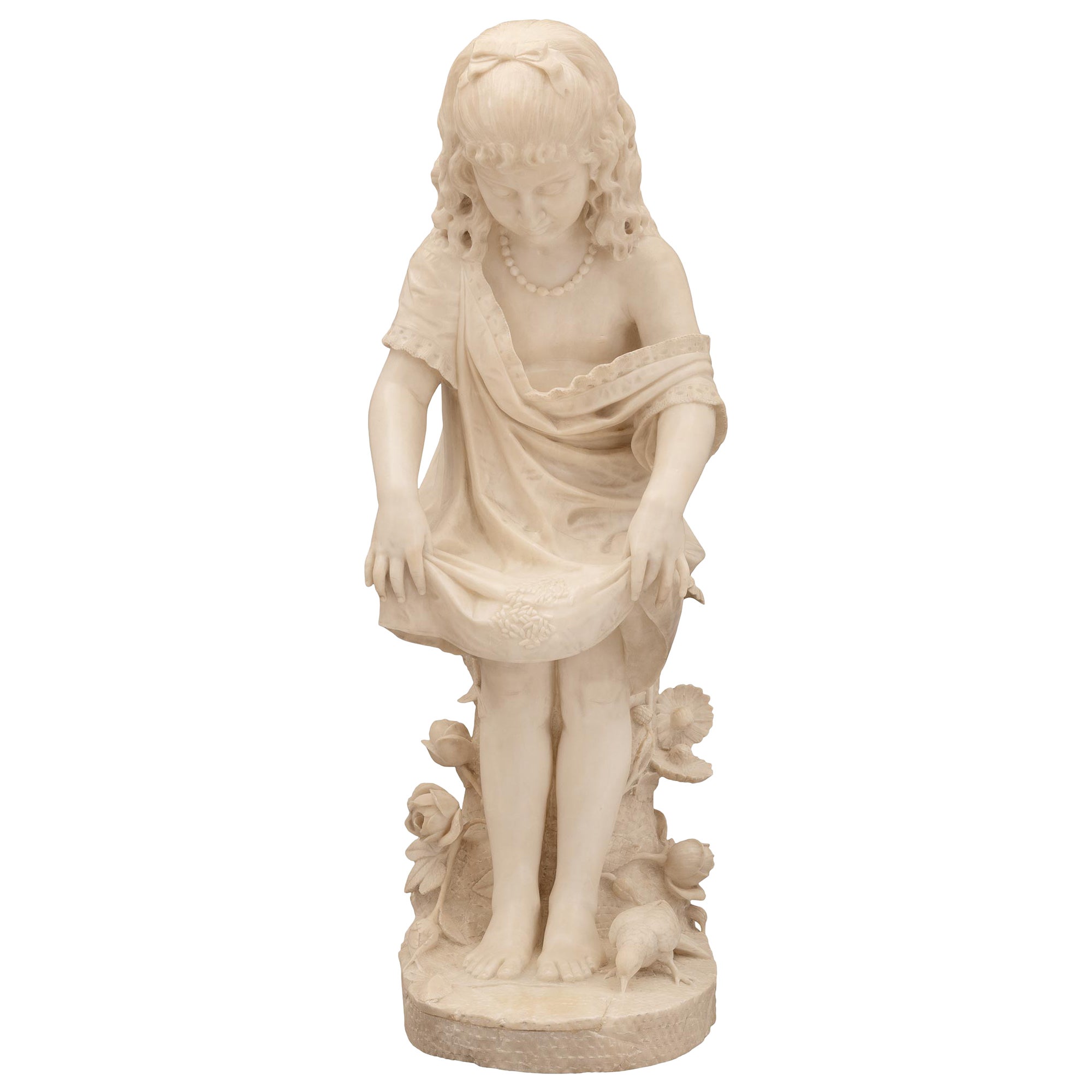 Italian 19th Century Alabaster Statue of a Young Girl Feeding Birds