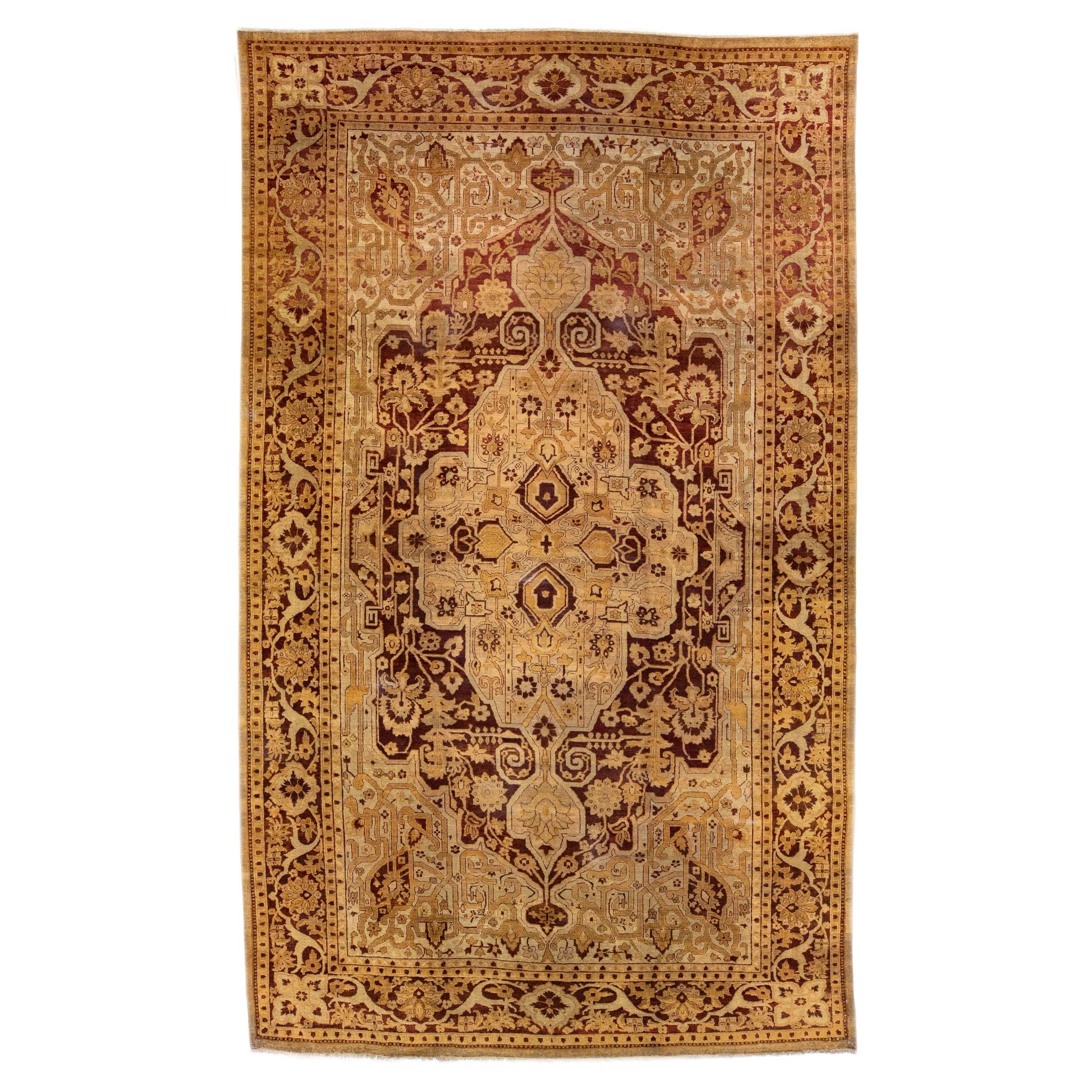 Antique Indian Agra Tan Handmade Allover Designed Wool Rug For Sale