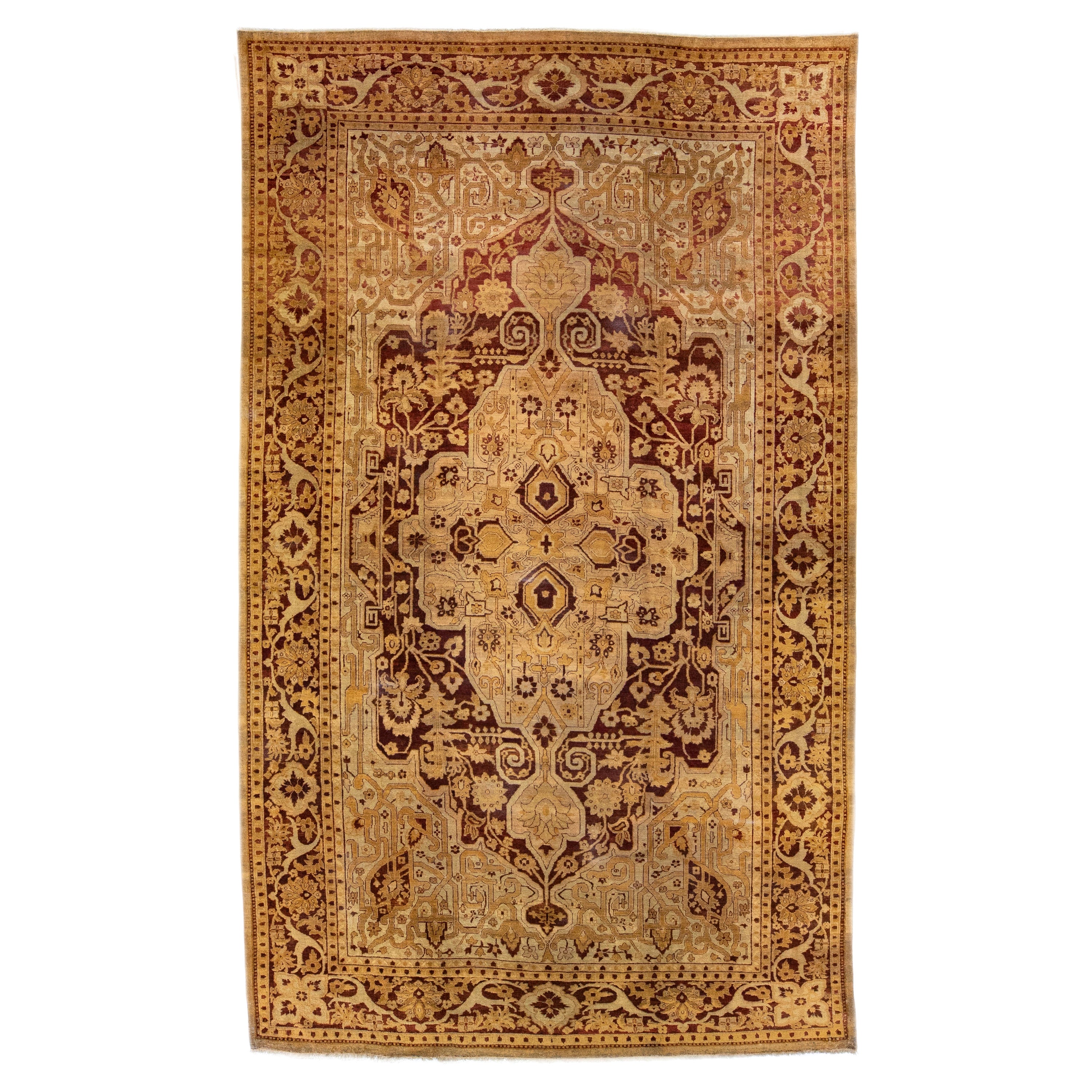 Antique Indian Agra Tan Handmade Allover Designed Wool Rug