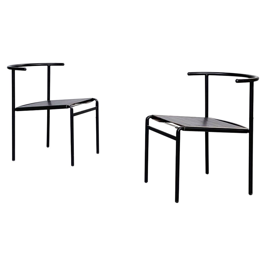 Italian Mid-Century Black Steel Leather Cafè Chairs by Starck for Baleri, 1980s For Sale