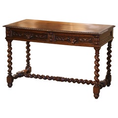19th Century French Louis XIII Carved Oak Barley Twist Table Desk with Drawers
