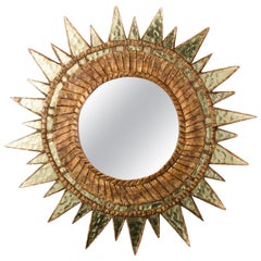 Grand miroir convexe avec miroir en verre vert à la manière de Line Vautrin