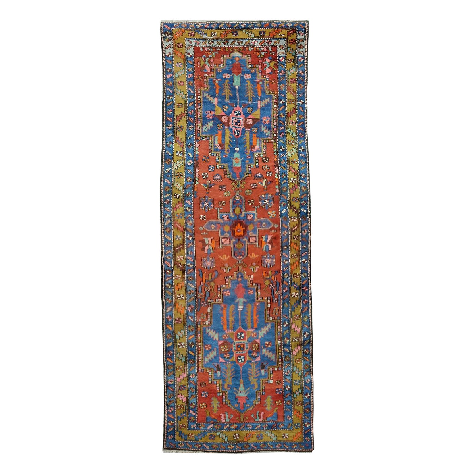 Antique Azerbaijan Runner Rug with 3 Geometric Medallions For Sale