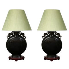 Pair of Black Asian Porcelain Lamps with Fretwork Detail