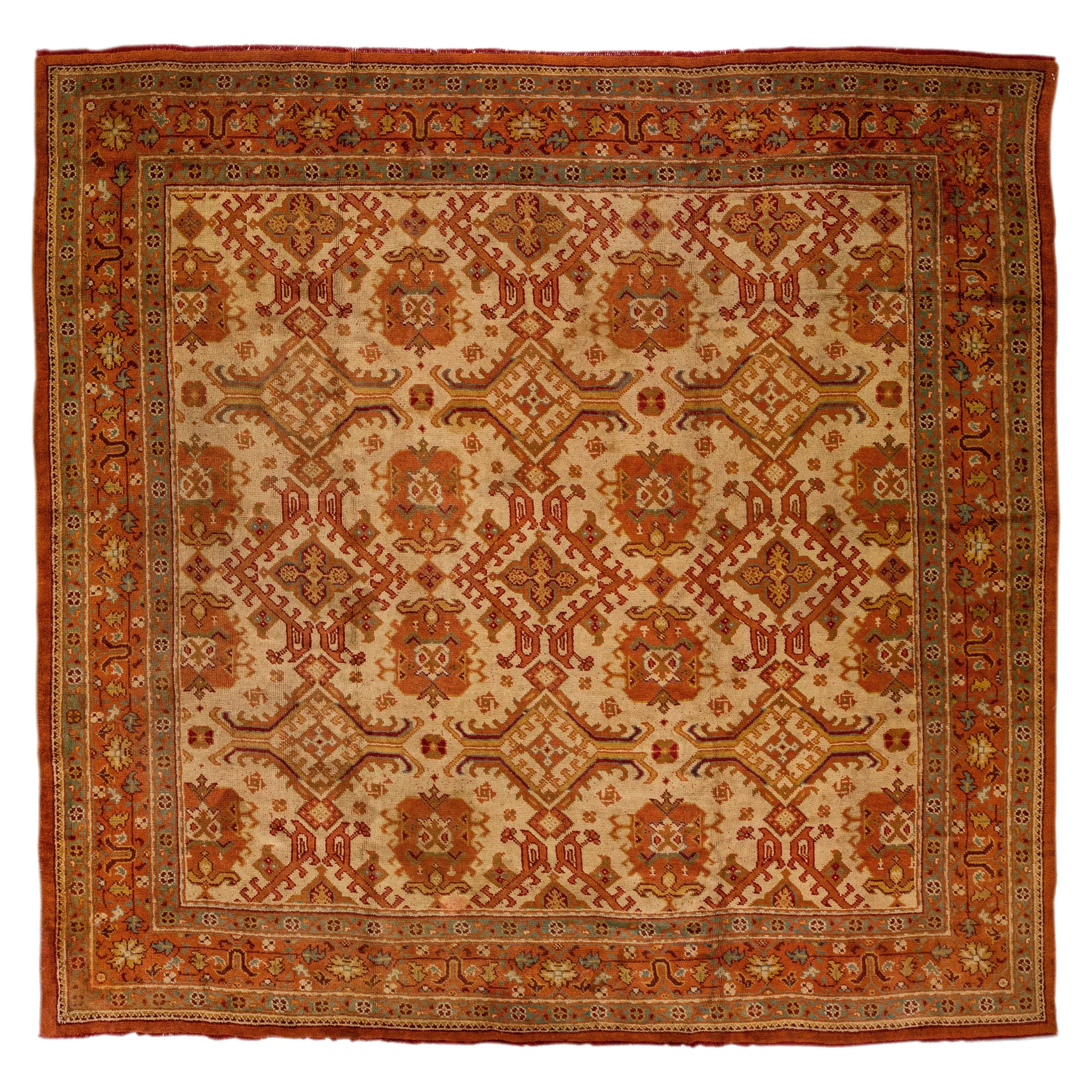 Tan Antique Turkish Oushak Handmade Square Wool Rug with Allover Designed