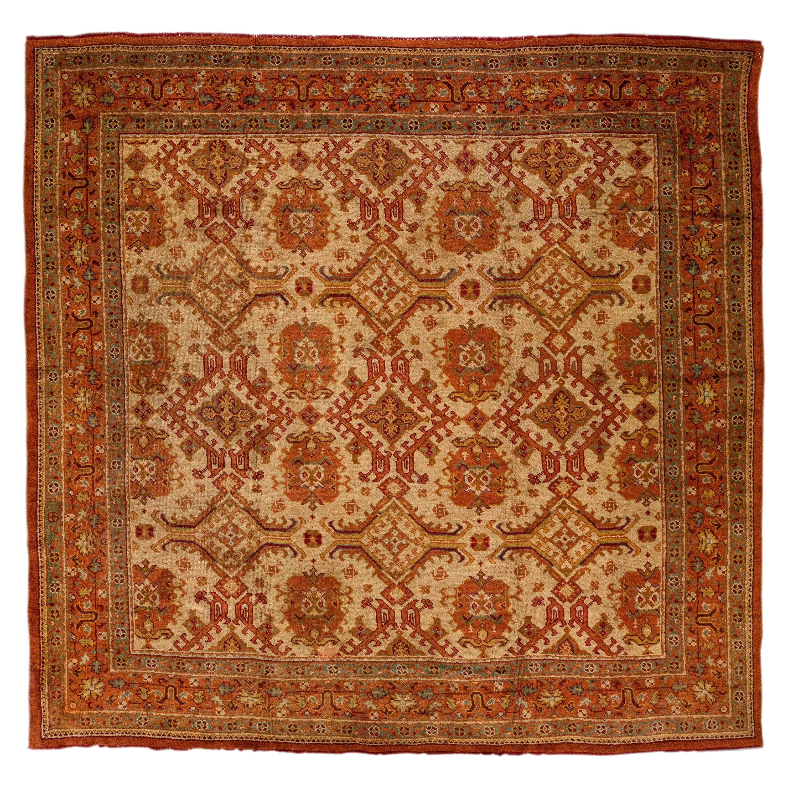 Tapis carré en laine turc antique Oushak fait à la main, brun clair, avec motif sur toute sa surface