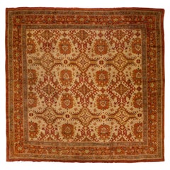 Tapis carré en laine turc antique Oushak fait à la main, brun clair, avec motif sur toute sa surface
