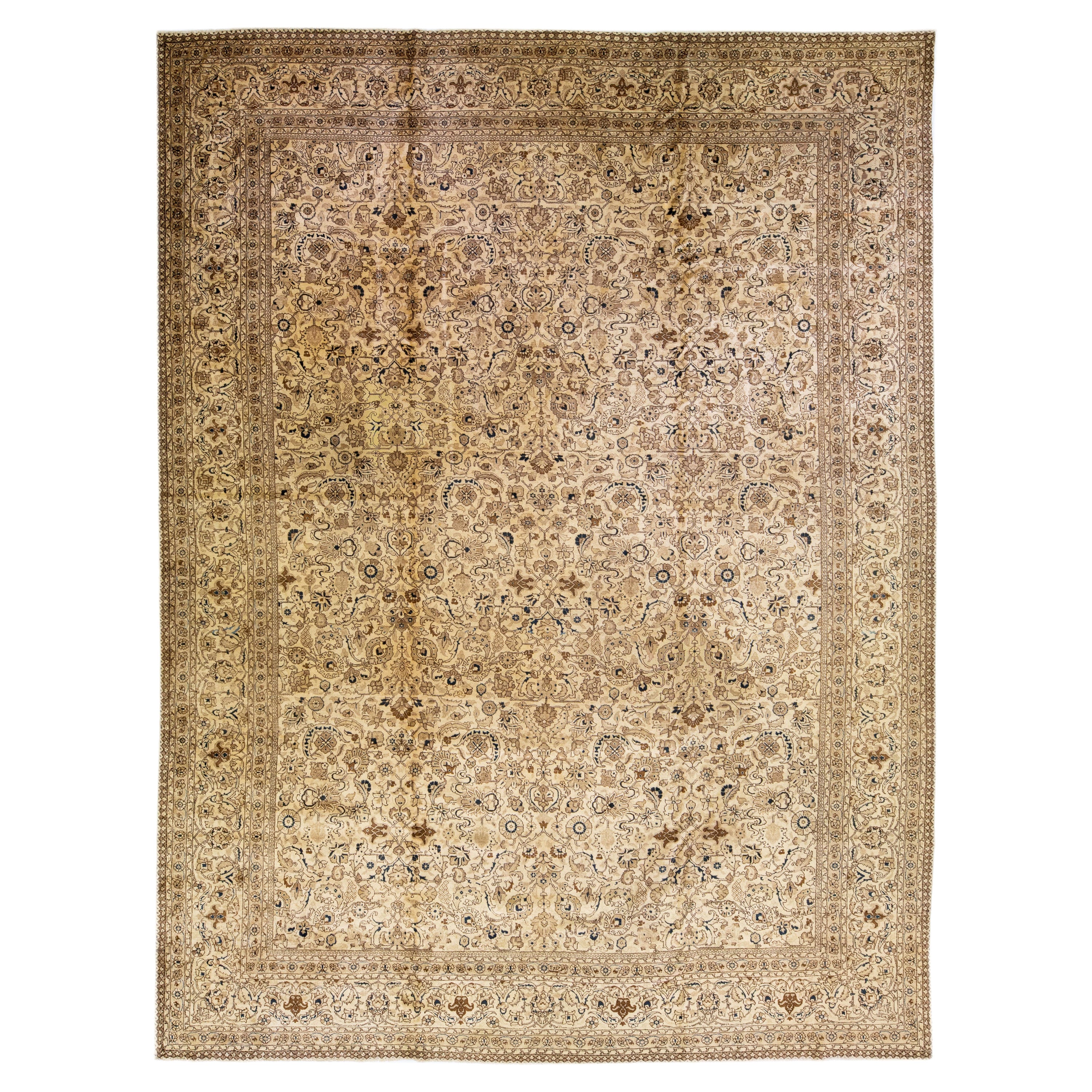 Oversize Antique Tabriz  Beige & Brown Handmade Floral Persian Wool Rug For Sale