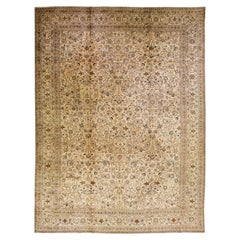 Oversize Antique Tabriz  Beige & Brown Handmade Floral Persian Wool Rug