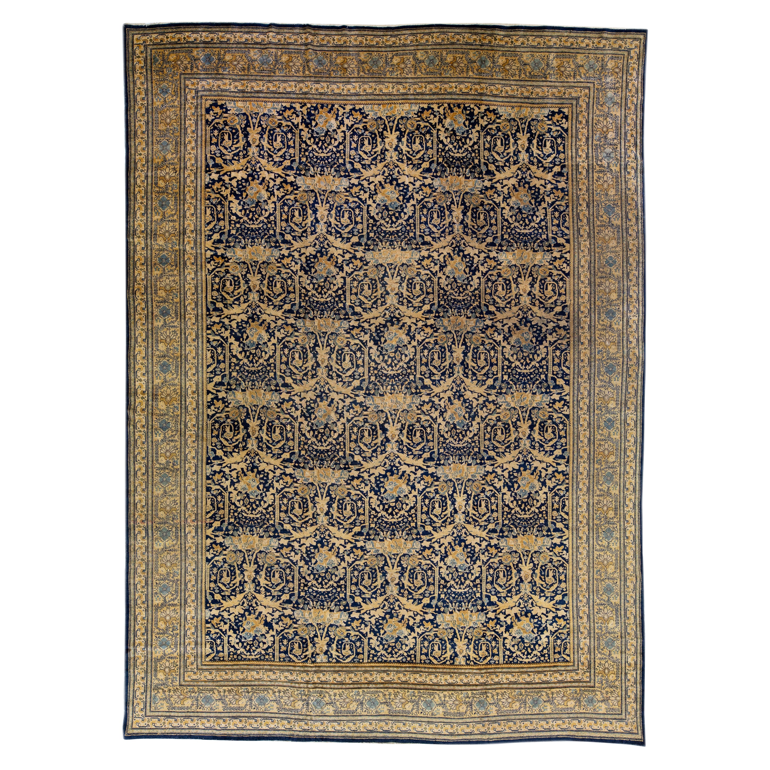 Blue Antique Tabriz Handmade Allover Floral Persian Wool Rug For Sale