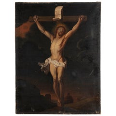19th Century Oil Painting of Jesus Christ on the Cross