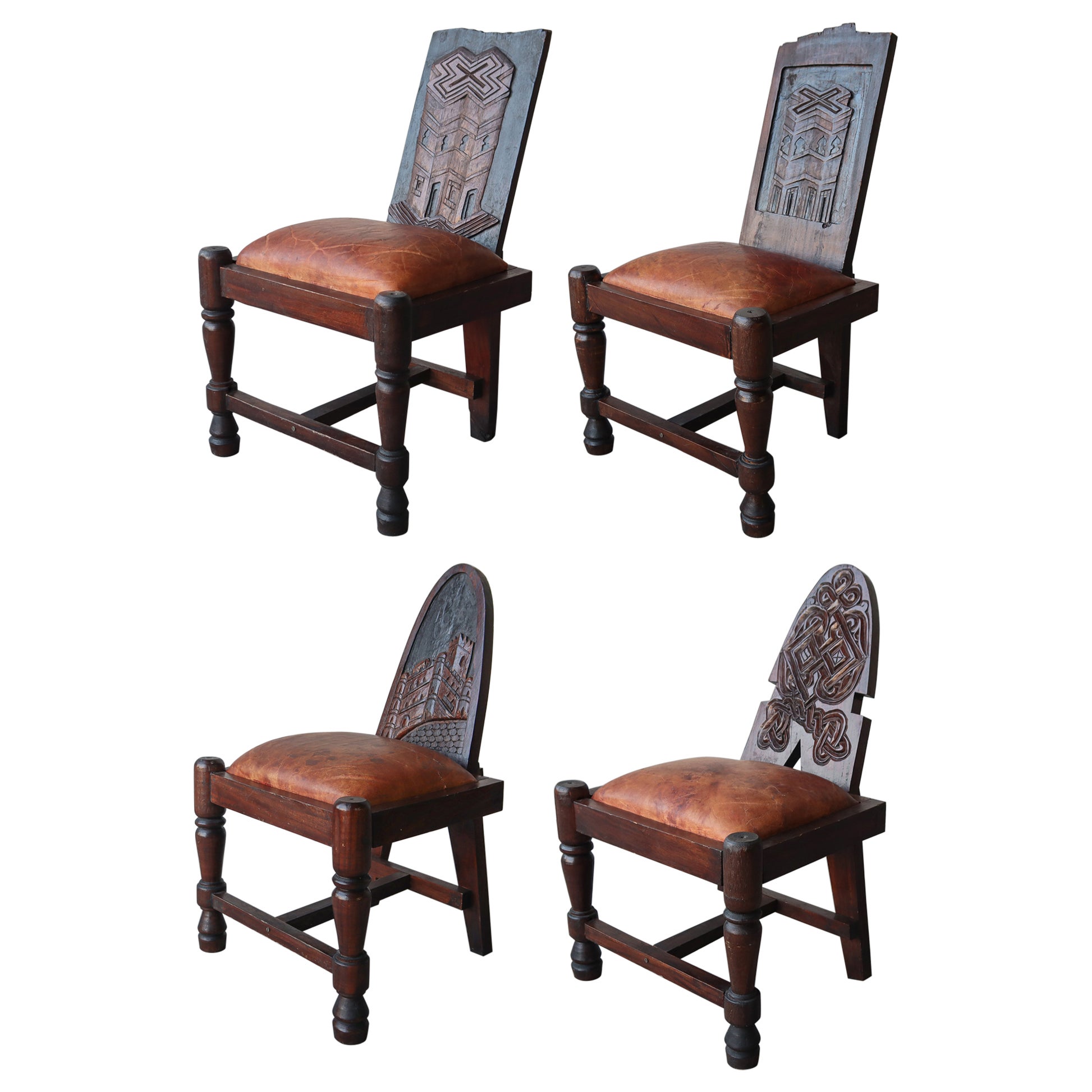 Primitive Hand Carved Wood and Leather Chairs For Sale