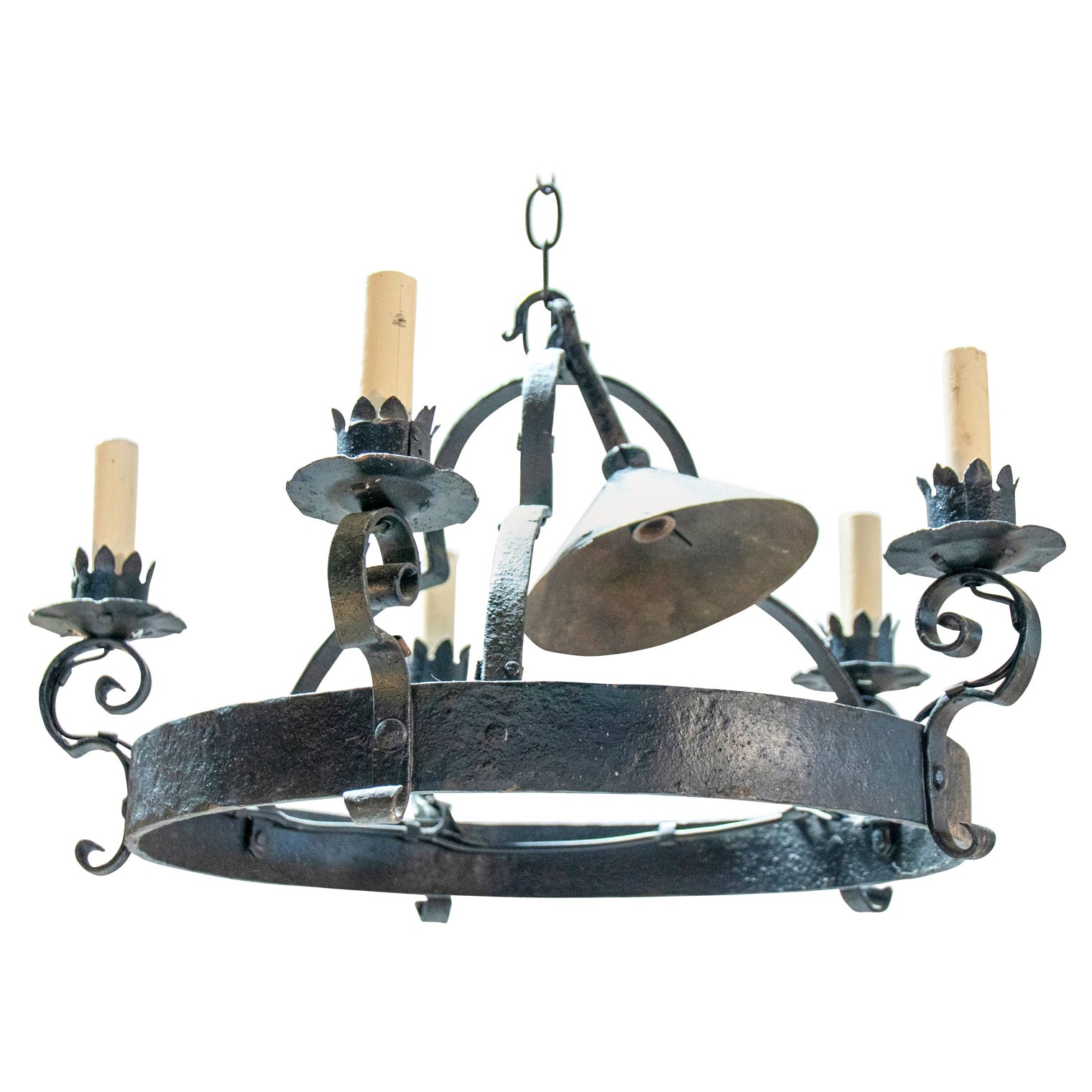 Five Light Wrought Iron Chandelier For Sale