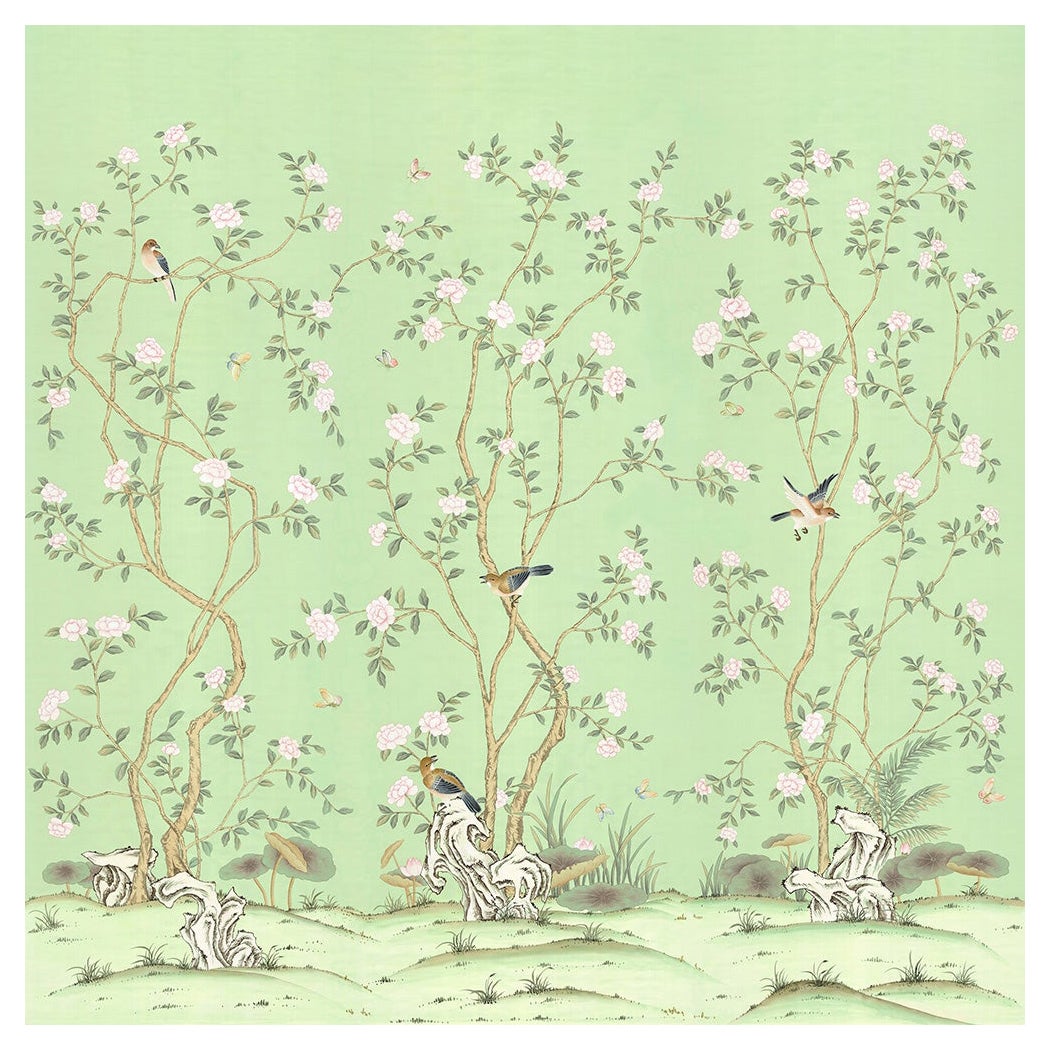 Lantilly Emerald Chinoiserie Mural Wallpaper For Sale